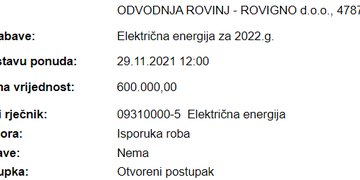 Objavljen javni natječaj za nabavu električne energije za 2022.g..